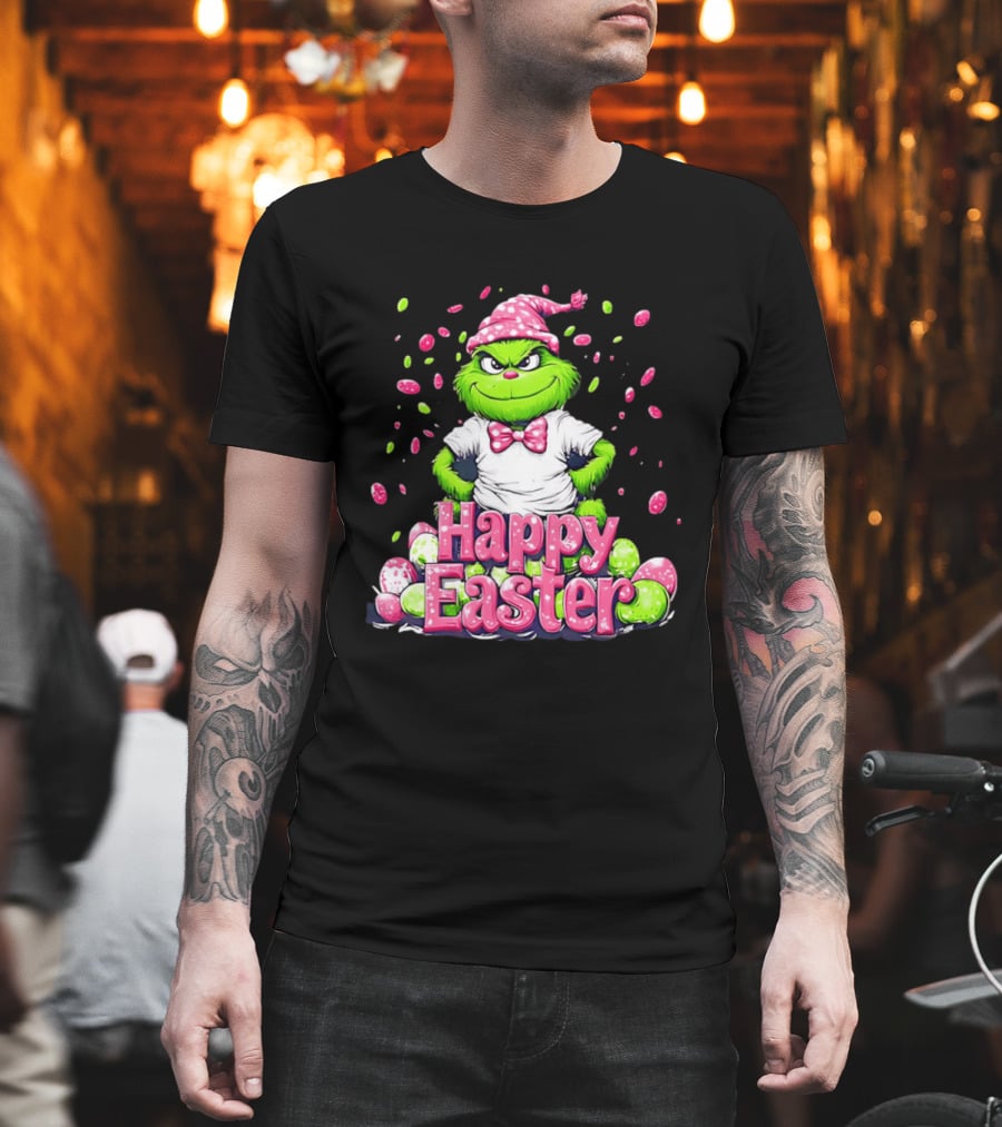 Happy Easter Grinch In Festive Hat With Colorful Eggs T-Shirt