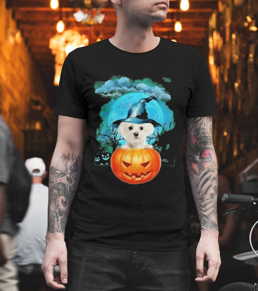 Happy Halloween White Maltese Witch Hat Pumpkin Blue Moon T-Shirt
