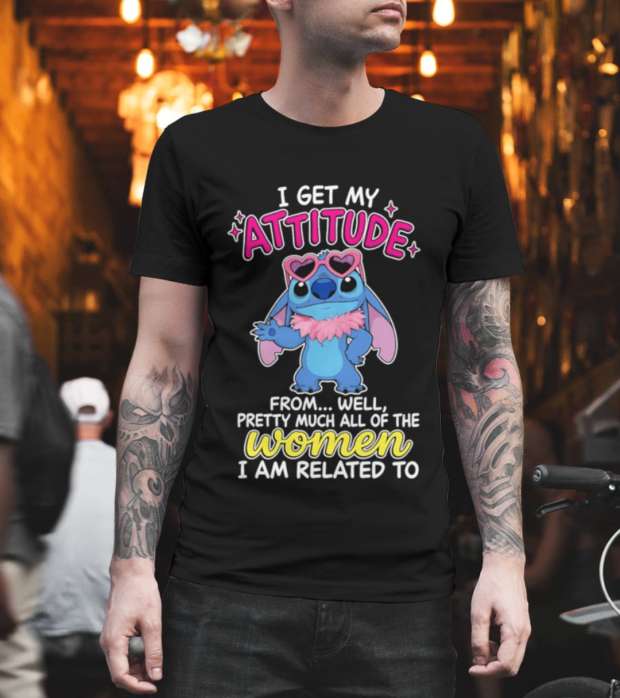 I Get My Attitude From Pretty Much All Of The Women I Am Related To Cute Blue Cartoon Character With Pink Accessories T-Shirt