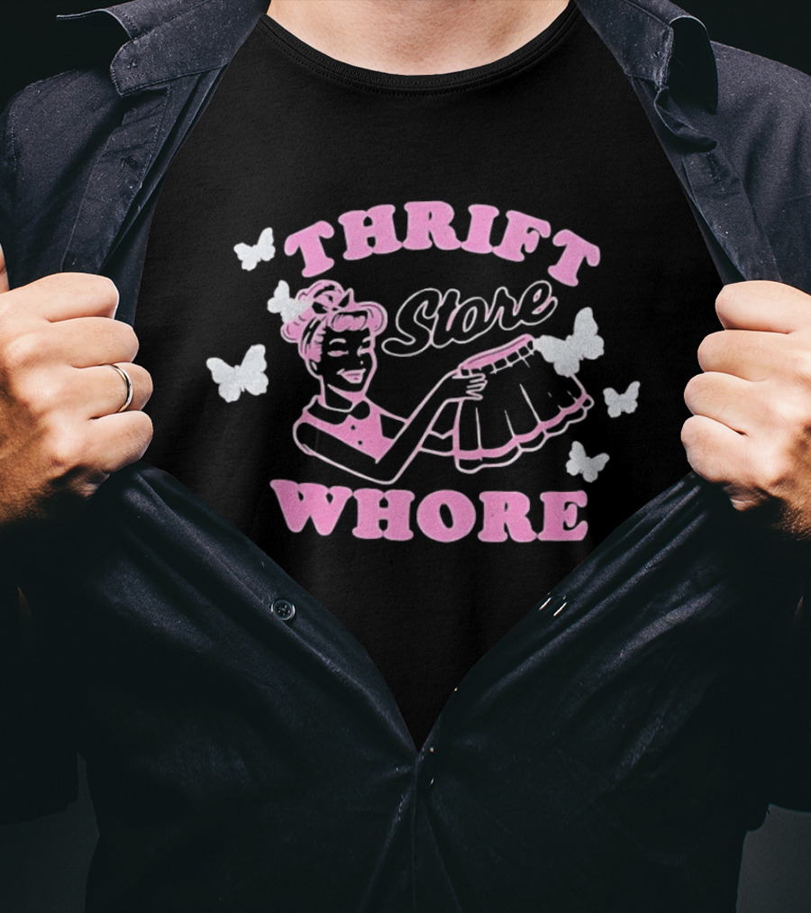 Thrift Store Whore Retro Feminine Fun Pink Butterfly T-Shirt