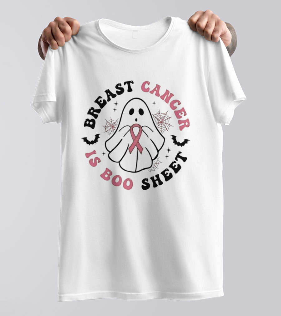 Breast Cancer Awareness Ghost Boo Sheet Ribbon Spooky Webs Bats T-Shirt