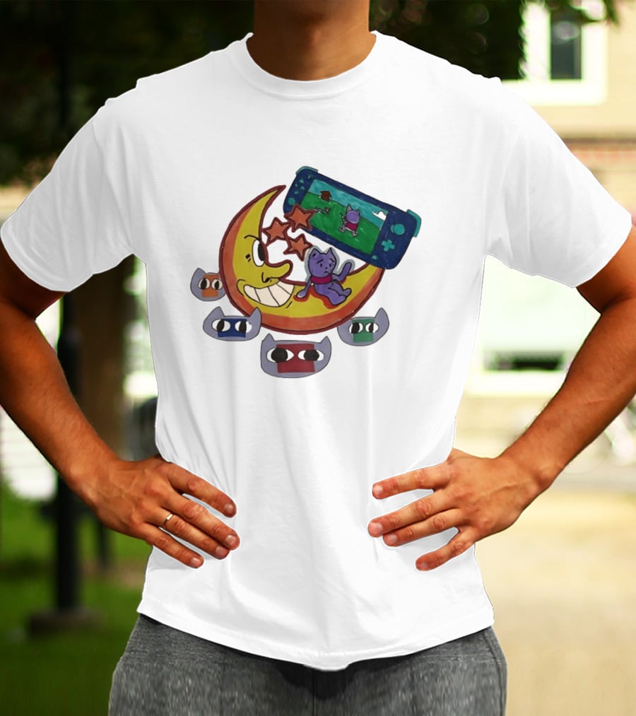 Cartoon Moon And Cat Playing Game With Stars And Colorful Masks T-Shirt