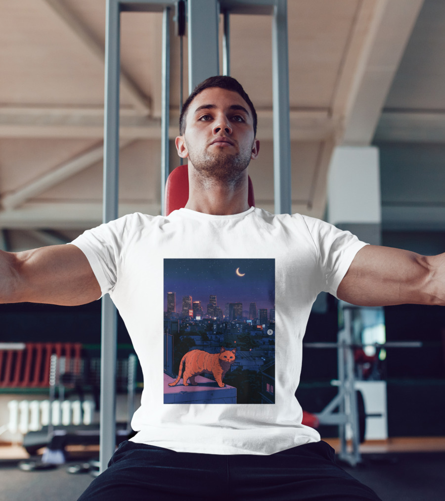 Orange Tabby Cat Under Night Sky Overlooking City Skyline With Crescent Moon T-Shirt