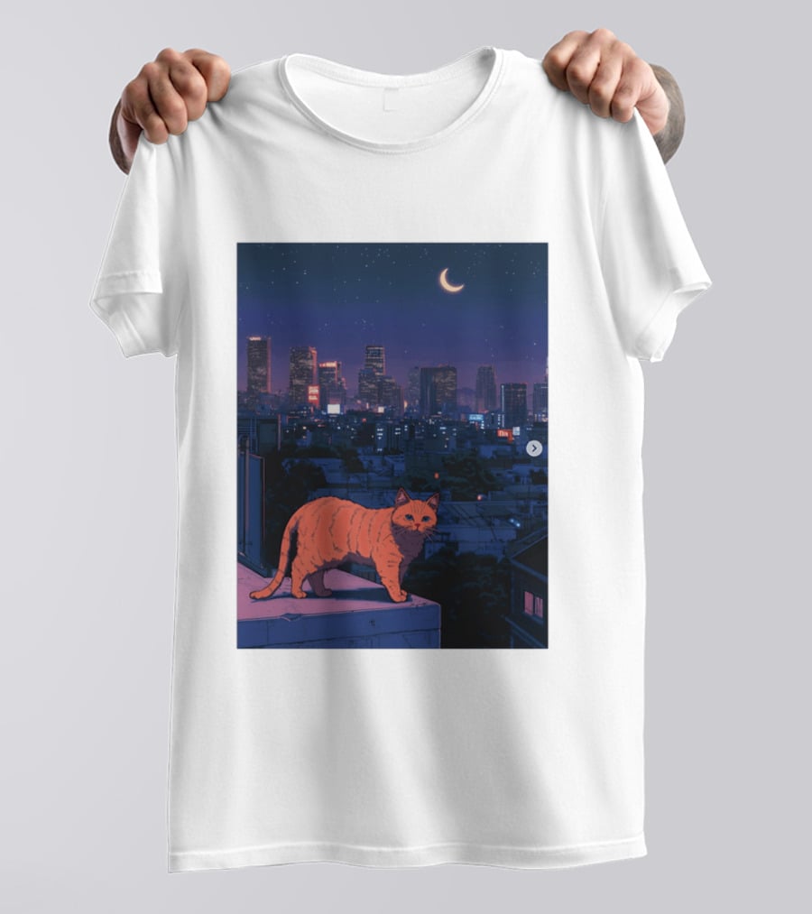 Orange Tabby Cat Under Night Sky Overlooking City Skyline With Crescent Moon T-Shirt