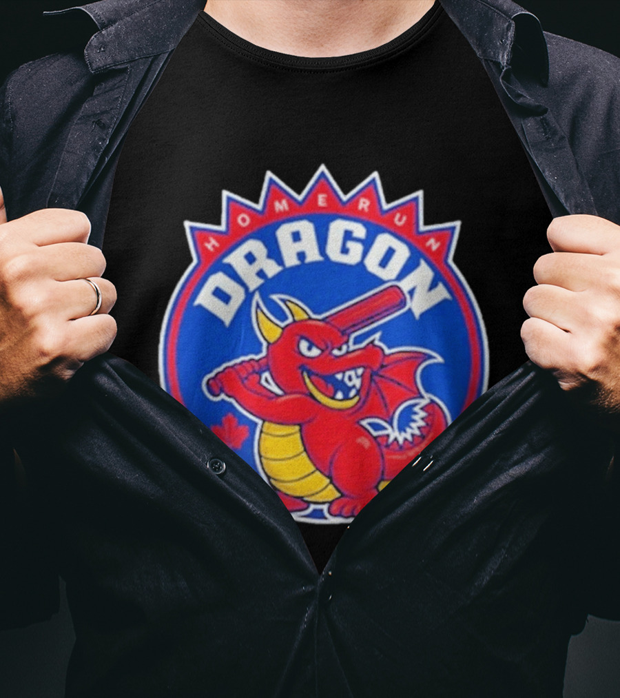Home Run Dragon Baseball Batting Red Maple Leaf T-Shirt
