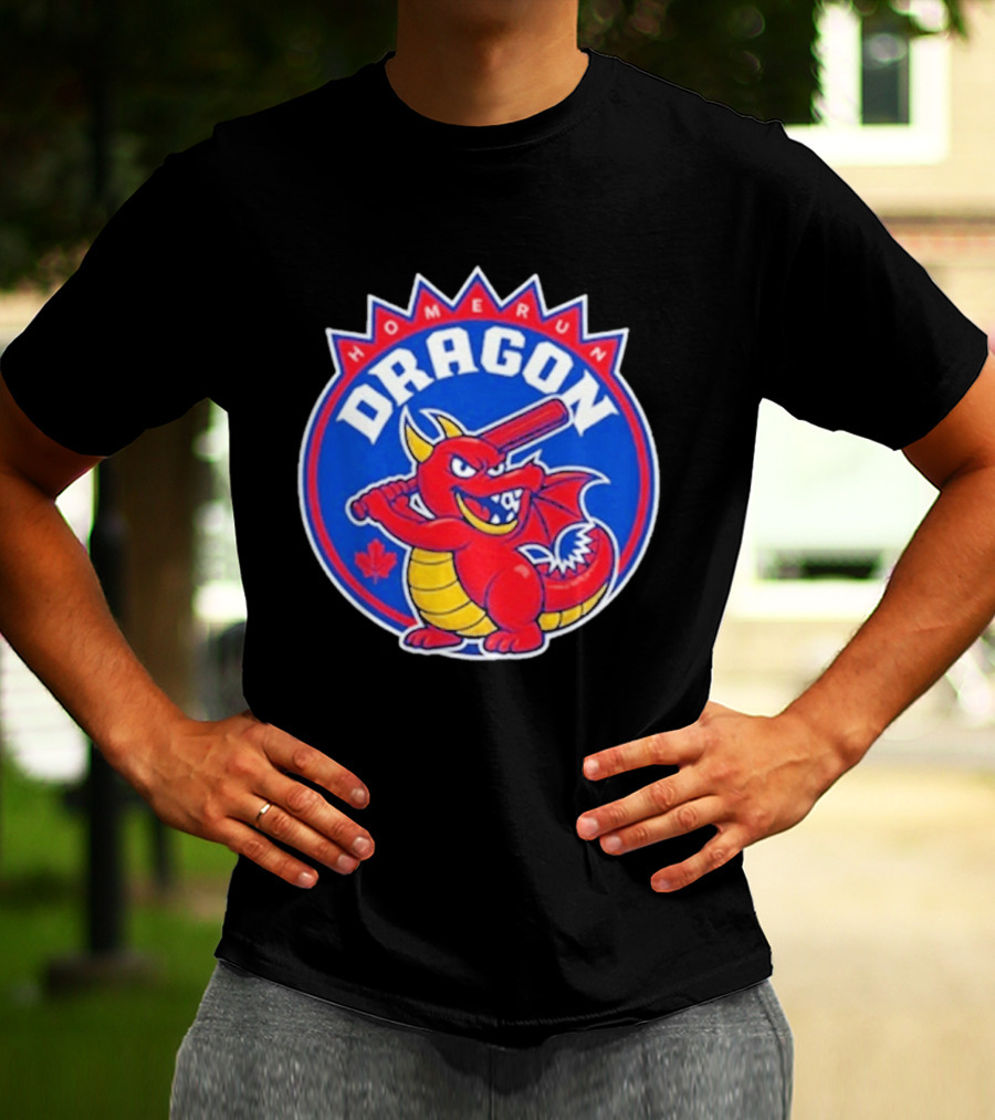 Home Run Dragon Baseball Batting Red Maple Leaf T-Shirt