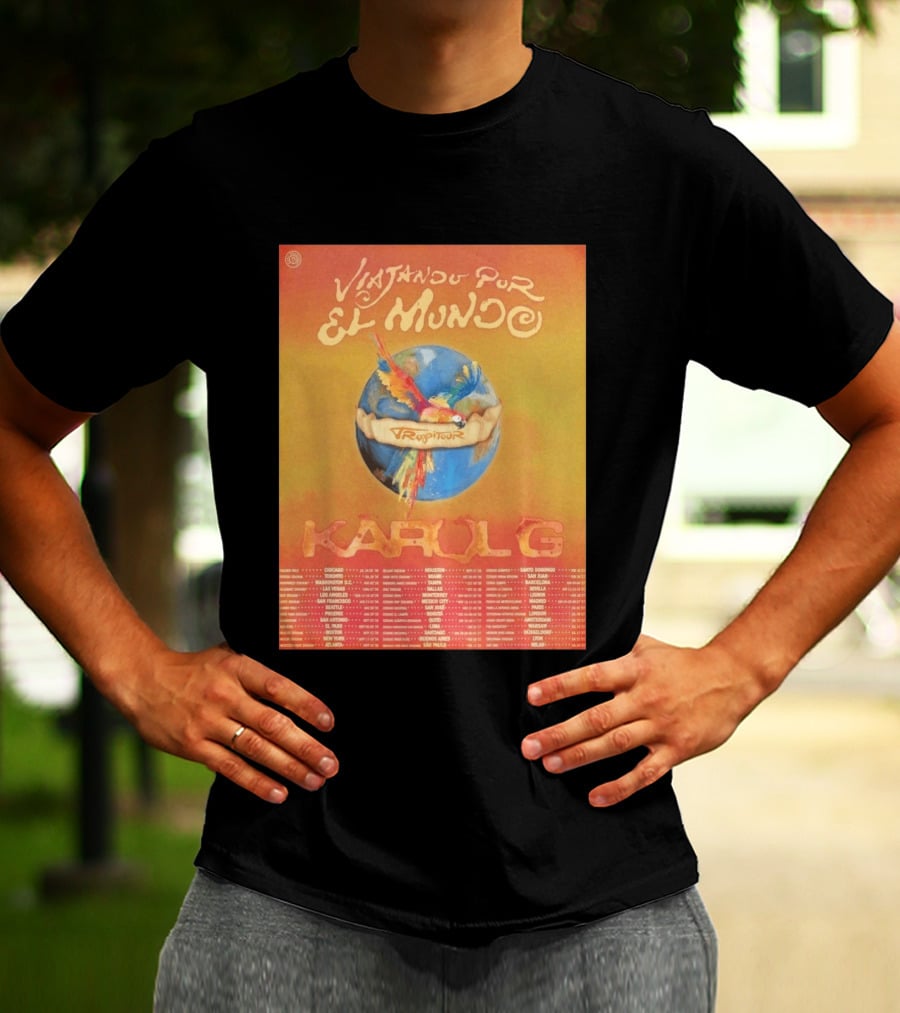 Karol G Viajando Por El Mundo Tropitour 2026 World Tour Dates Colorful Parrot T-Shirt