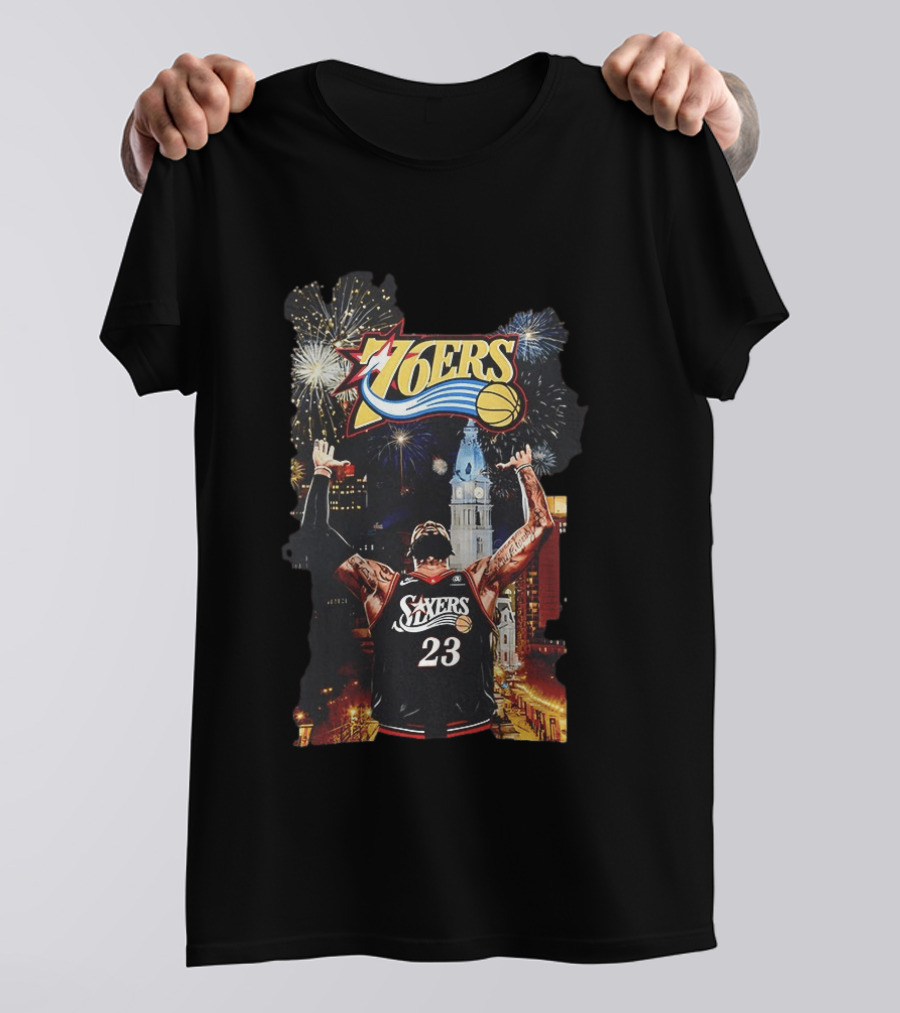 Philadelphia 76ers NBA Basketball 23 Cityscape Fireworks T-Shirt