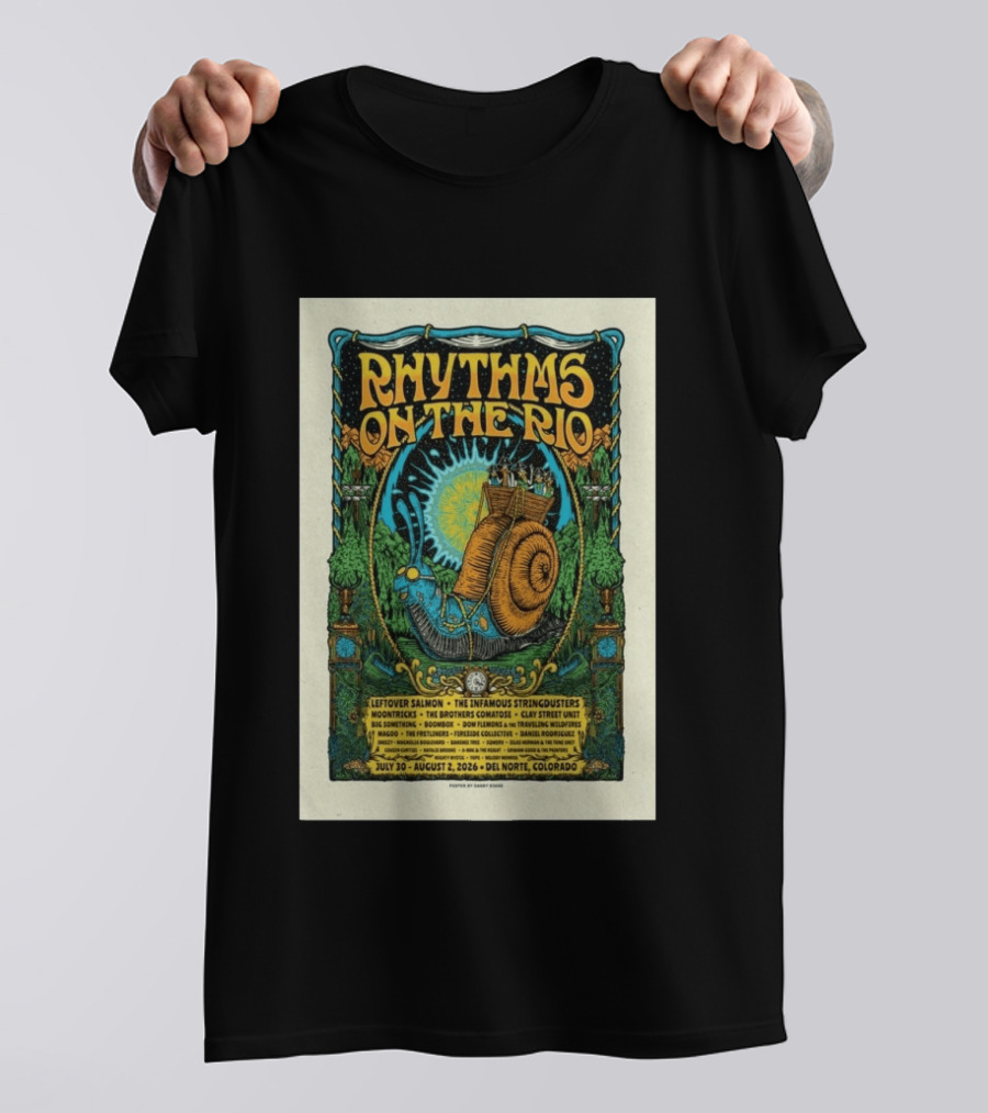 Rhythms On The Rio July 30 August 2 2026 Del Norte Colorado Leftover Salmon The Infamous Stringdusters T-Shirt