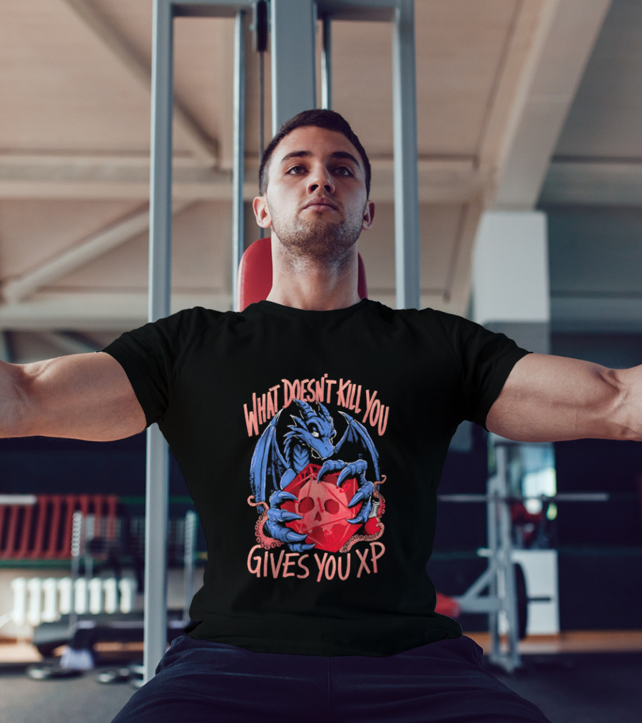 What Doesn't Kill You Gives You XP Blue Dragon Holding Red D20 Skull T-Shirt