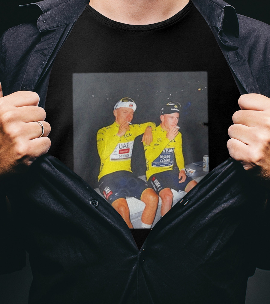 Tadej Pogačar Jonas Vingegaard Smoking LCL UAE Team Emirates Jumbo Visma Yellow Jersey T-Shirt
