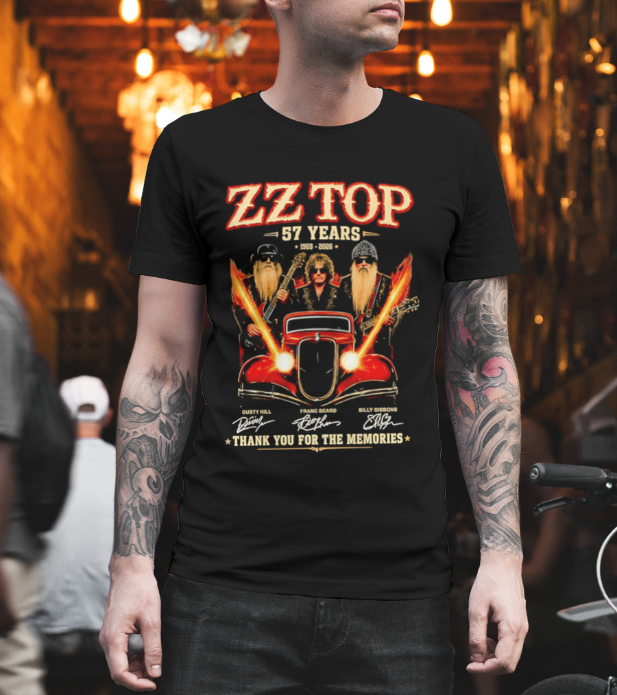 ZZ Top 57 Years 1969 2026 Dusty Hill Franc Beard Billy Gibbons Thank You For The Memories Classic Car And Guitars T-Shirt