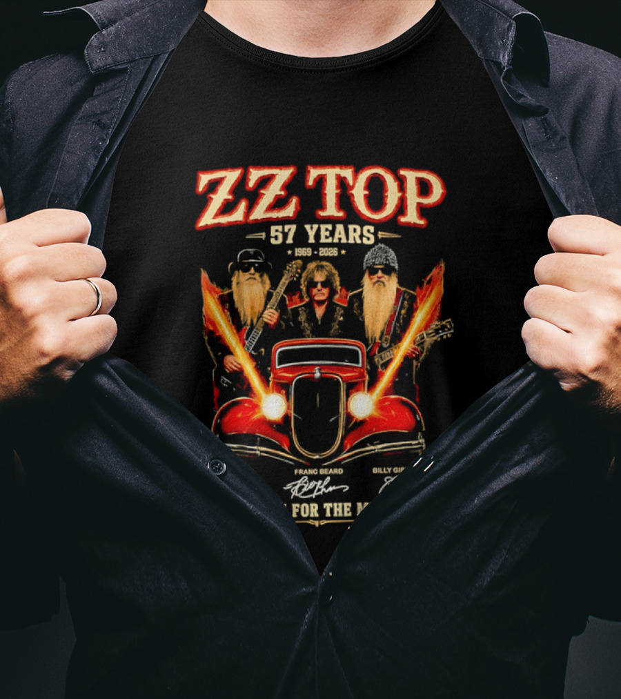 ZZ Top 57 Years 1969 2026 Dusty Hill Franc Beard Billy Gibbons Thank You For The Memories Classic Car And Guitars T-Shirt