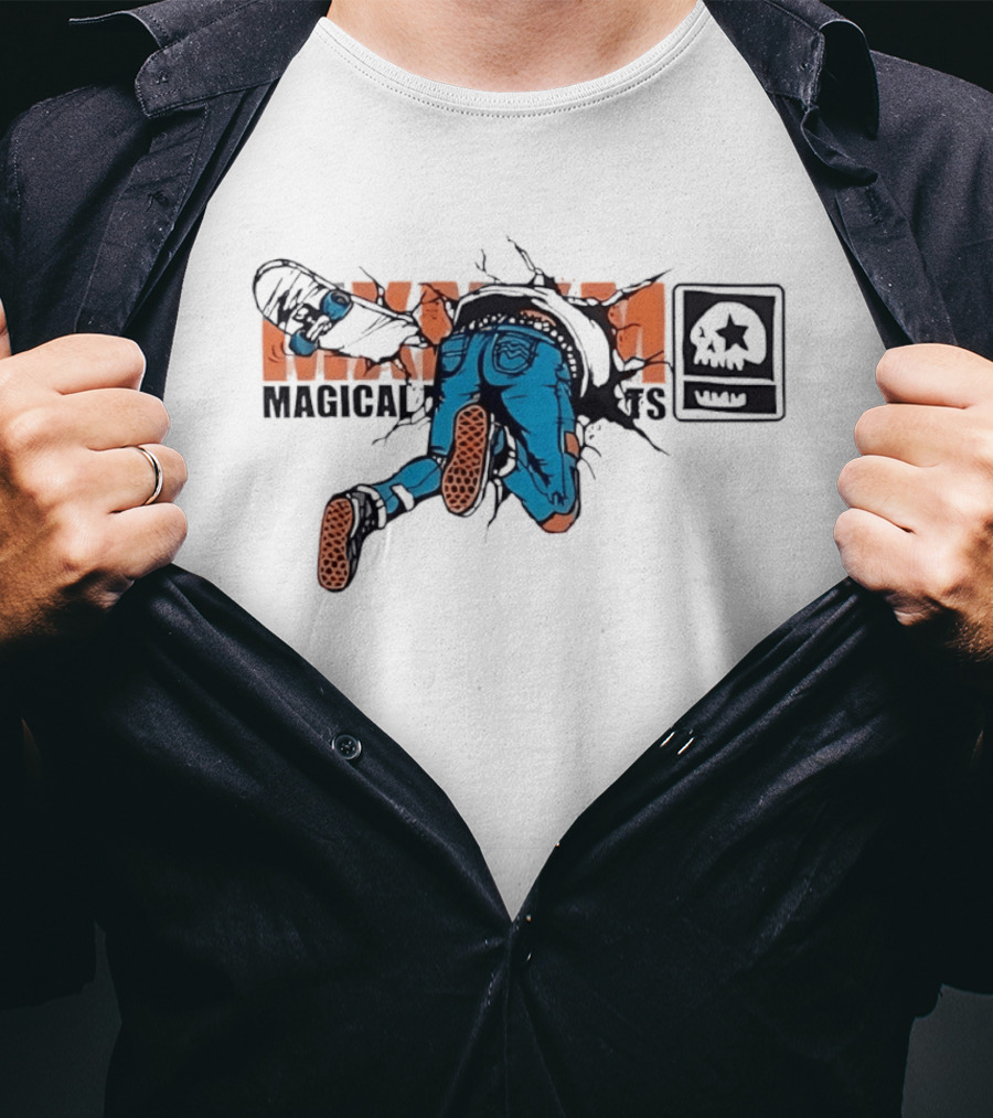Magical Skateboarder Crashing Through Wall Skull Jeans Brick Wall T-Shirt