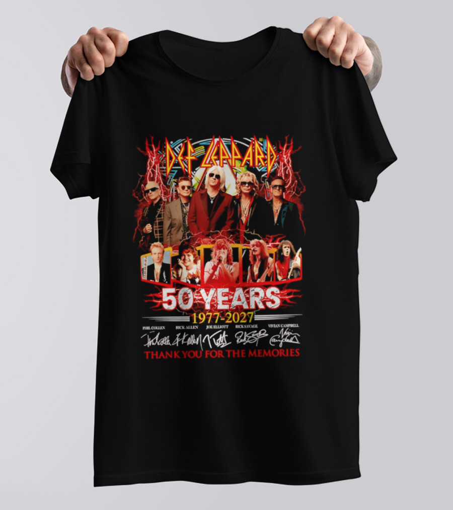 Def Leppard 50 Years 1977 2027 Thank You For The Memories Rock Legends Celebration Autographed Collage T-Shirt