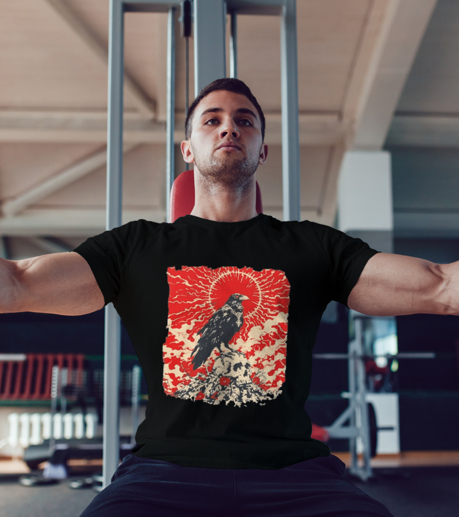 The Crow And The Skull Vintage Gothic Illustration Red Sunburst Mystical T-Shirt