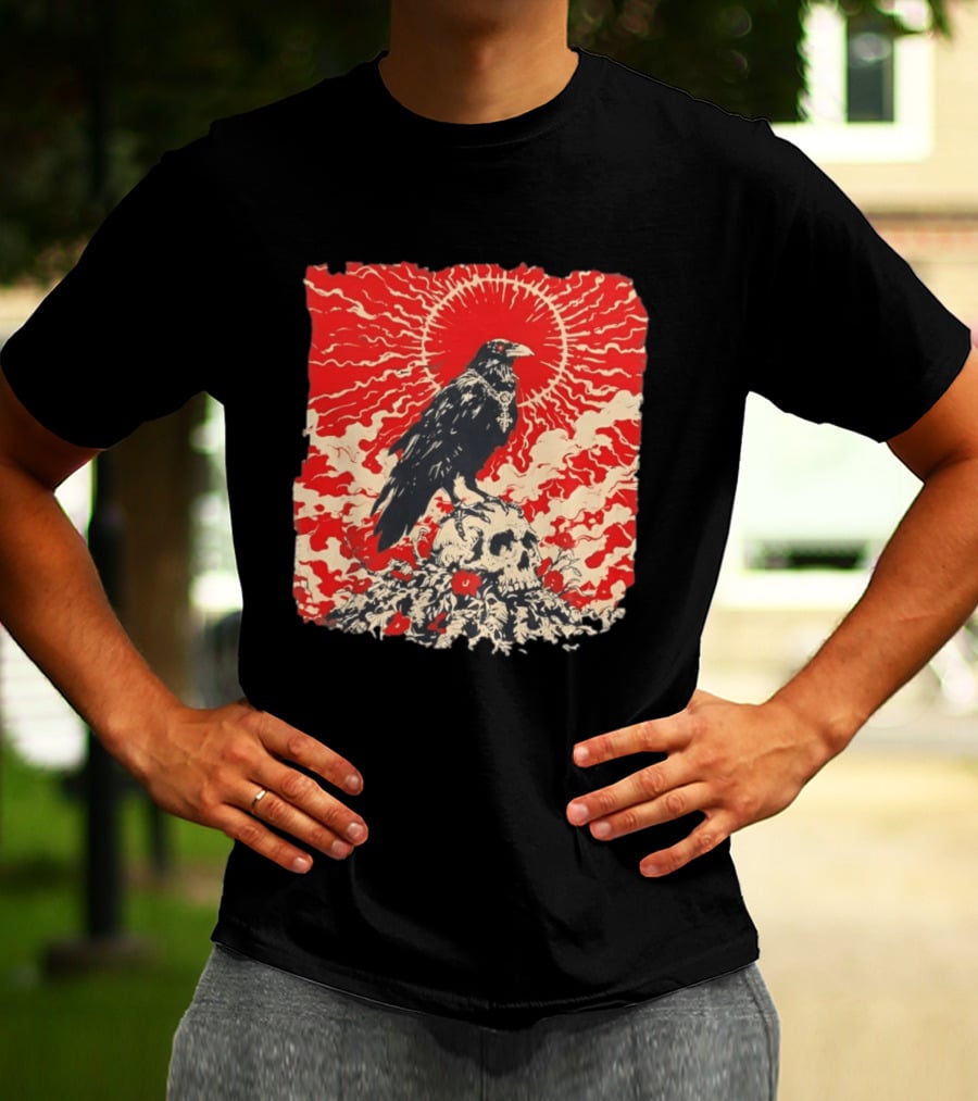 The Crow And The Skull Vintage Gothic Illustration Red Sunburst Mystical T-Shirt