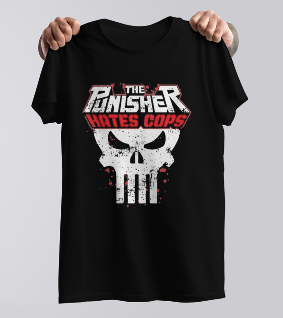 The Punisher Hates Cops Skull Symbol Red White T-Shirt