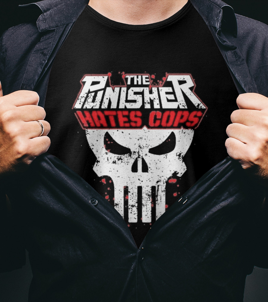 The Punisher Hates Cops Skull Symbol Red White T-Shirt