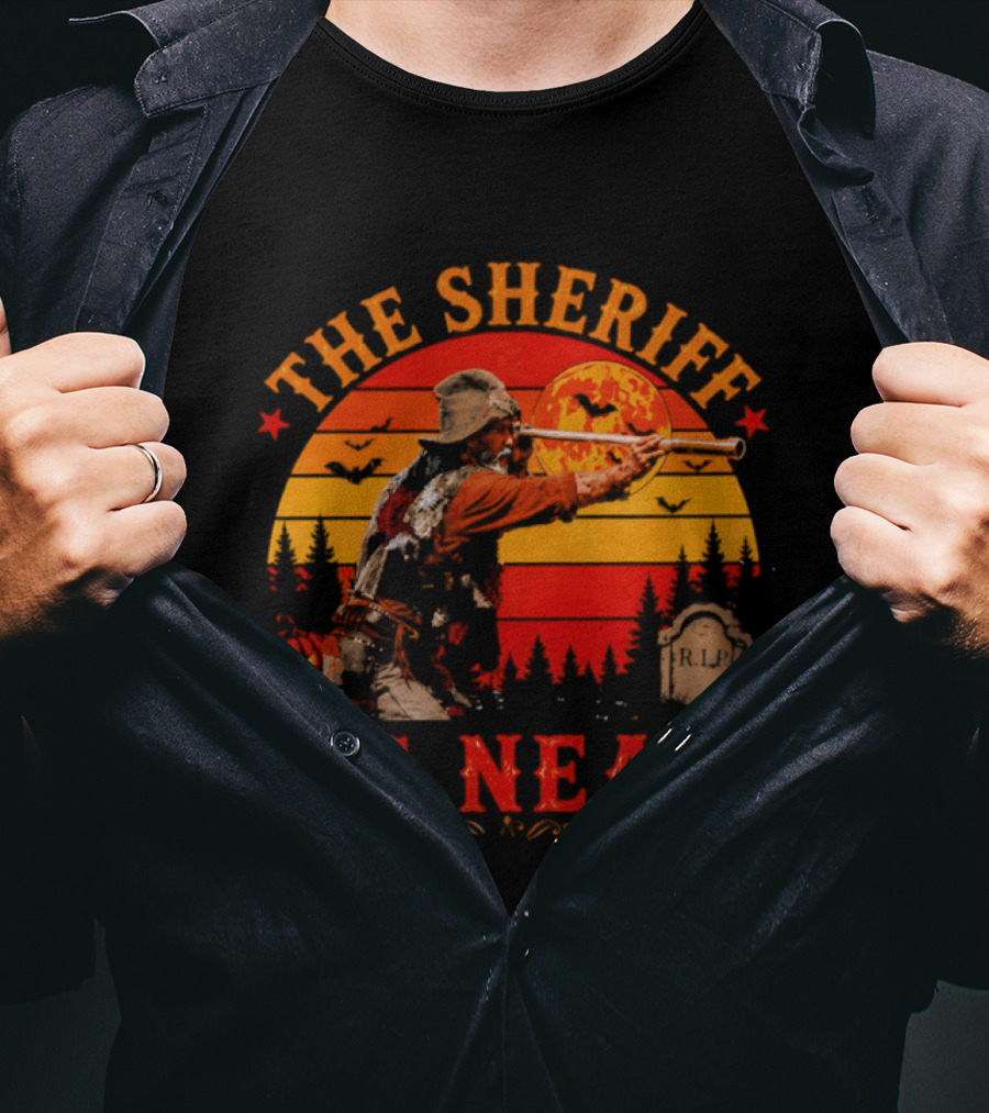The Sheriff Is Near Halloween Cowboy Full Moon Tombstone Pumpkin Bats T-Shirt