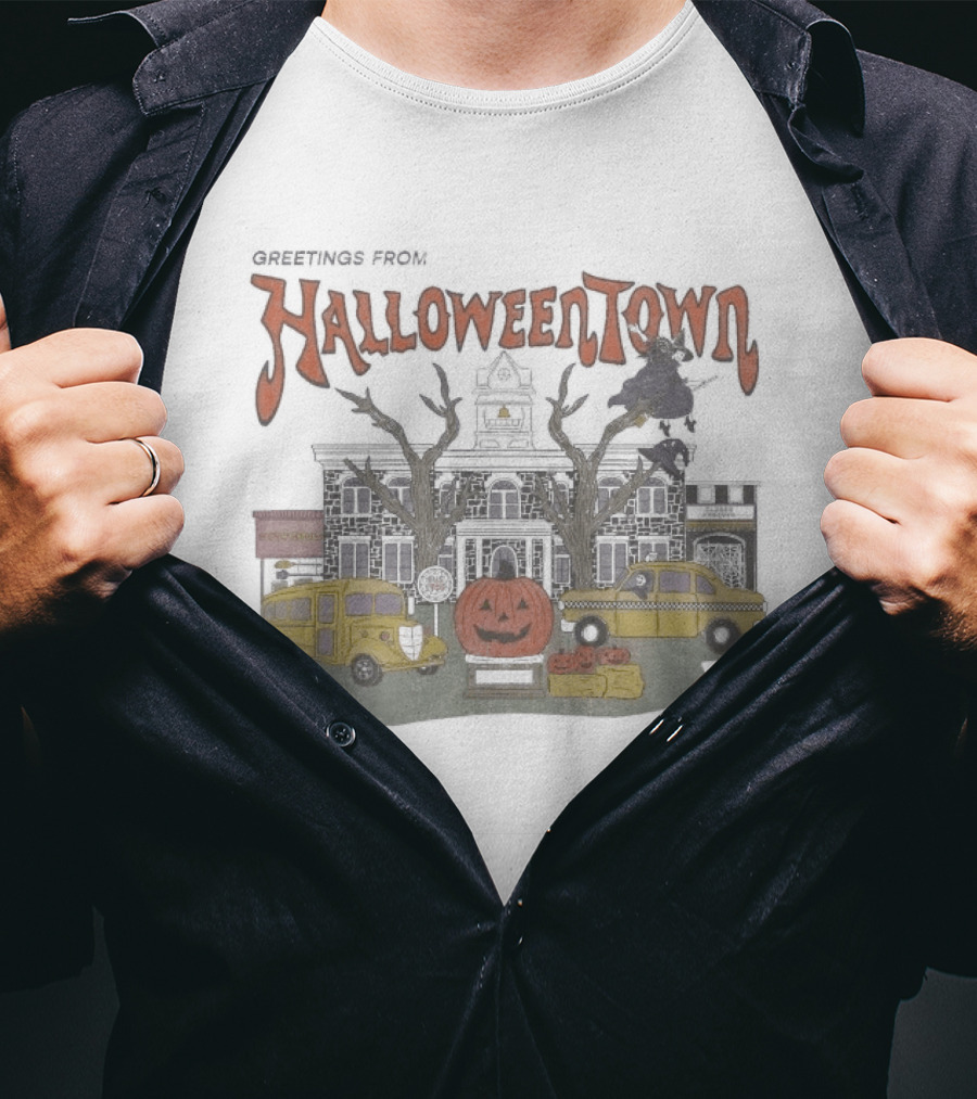Greetings From Halloweentown Spooky Pumpkin Taxi Bus Haunted House Scene T-Shirt