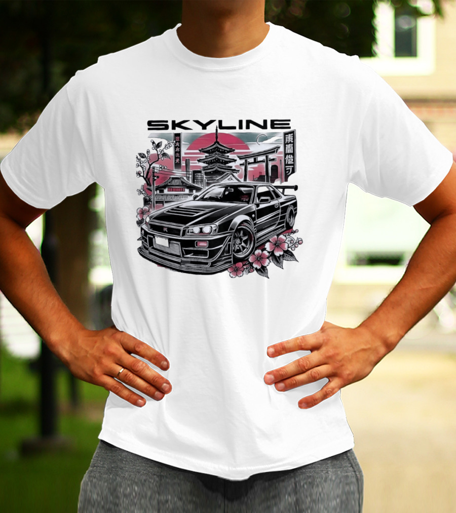 Skyline Japanese Cherry Blossom Car Pagoda Sun Blossoms T-Shirt