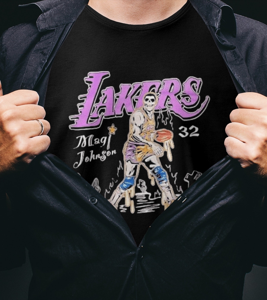 Lakers Magic Johnson 32 Skull Basketball Dribbling T-Shirt