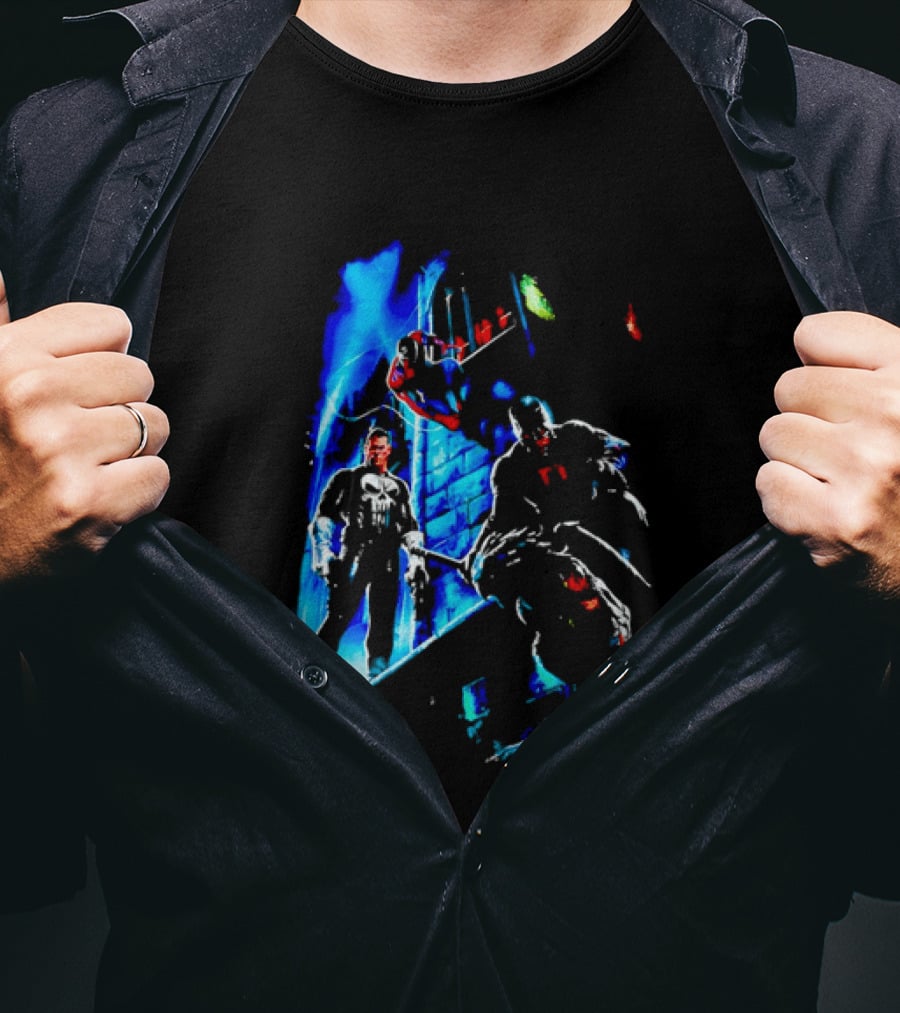 Marvel Comics Vigilante Action The Punisher Spider Man Daredevil Urban Battle Scene T-Shirt