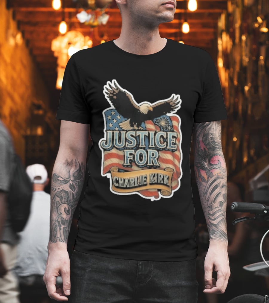 Justice For Charlie Kirk Bald Eagle American Flag Banner T-Shirt
