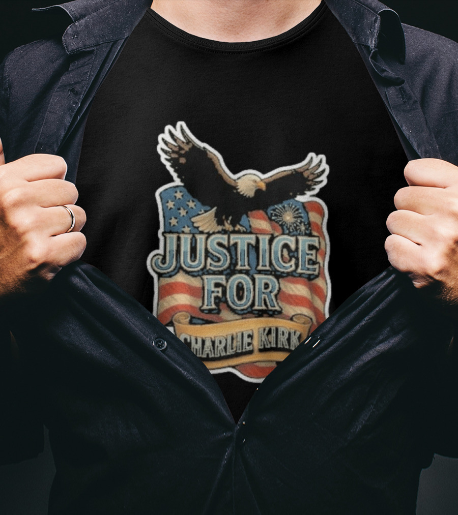 Justice For Charlie Kirk Bald Eagle American Flag Banner T-Shirt