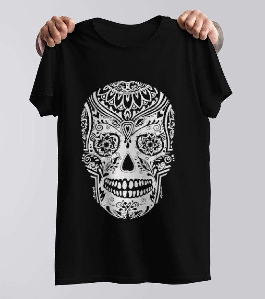 Sugar Skull Artistic Decorative Detailed Black White Intricate Motif T-Shirt