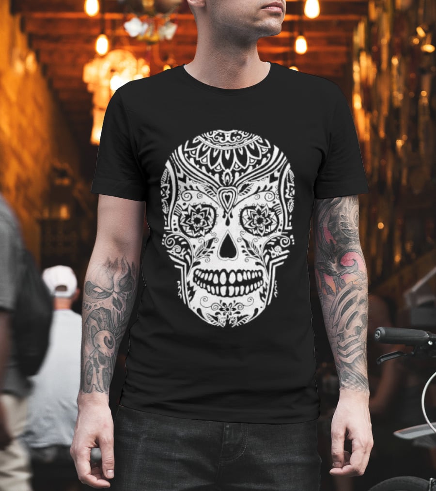 Sugar Skull Artistic Decorative Detailed Black White Intricate Motif T-Shirt