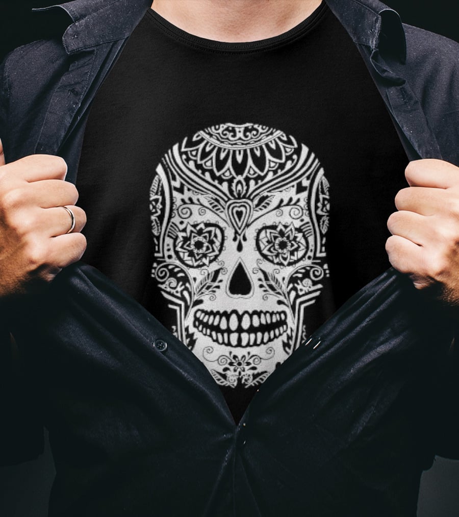 Sugar Skull Artistic Decorative Detailed Black White Intricate Motif T-Shirt