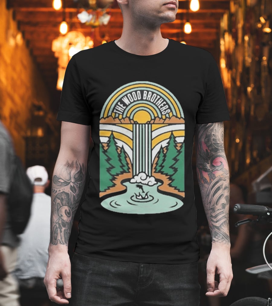 The Wood Brothers Waterfall Nature Scene With Sunburst And River Rapids T-Shirt