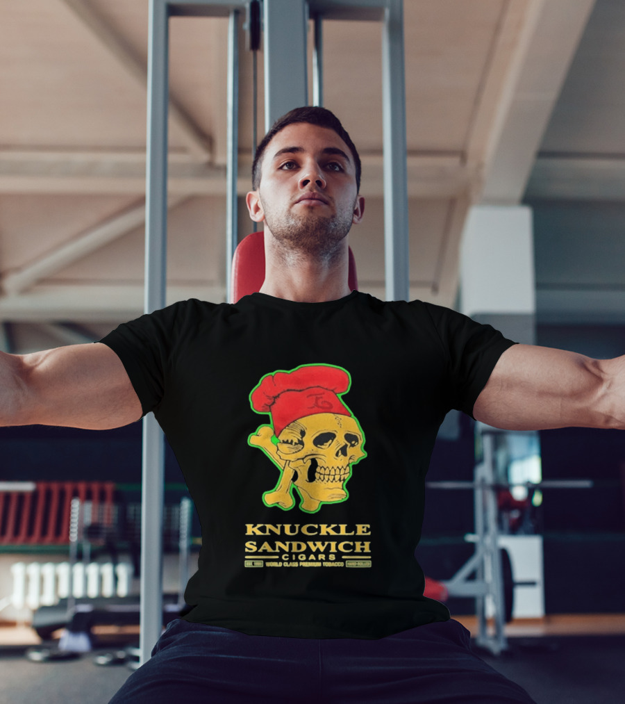 Knuckle Sandwich Cigars World Class Tobacco Skull With Red Chef Hat And Crossbones T-Shirt