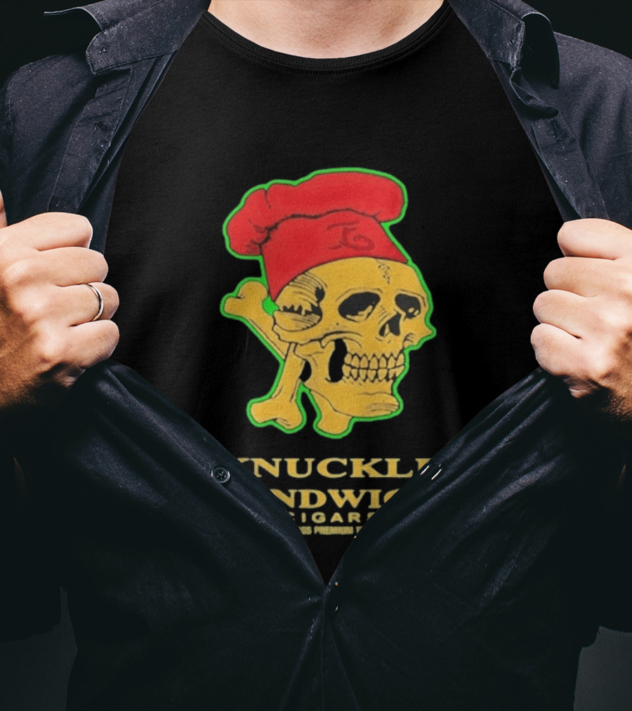 Knuckle Sandwich Cigars World Class Tobacco Skull With Red Chef Hat And Crossbones T-Shirt