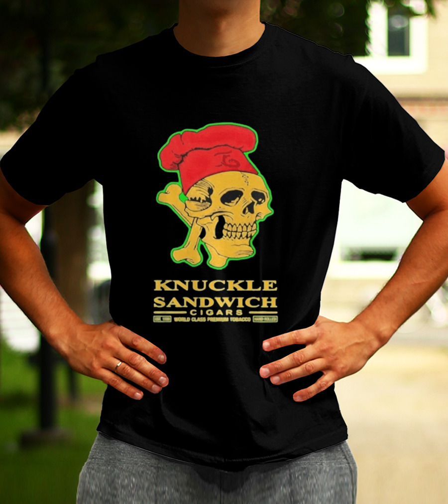 Knuckle Sandwich Cigars World Class Tobacco Skull With Red Chef Hat And Crossbones T-Shirt