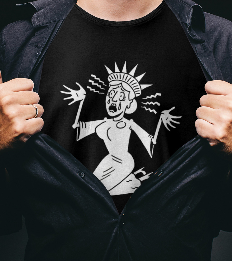 Lady Liberty Patriotic Panic Cartoon Sketch Yankee Doodle Distress T-Shirt