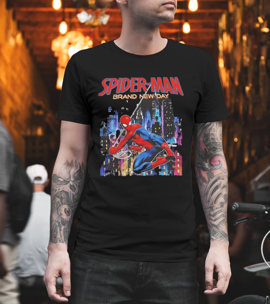 Spider Man Brand New Day Web Superhero Swinging City Night Marvel Studios T-Shirt