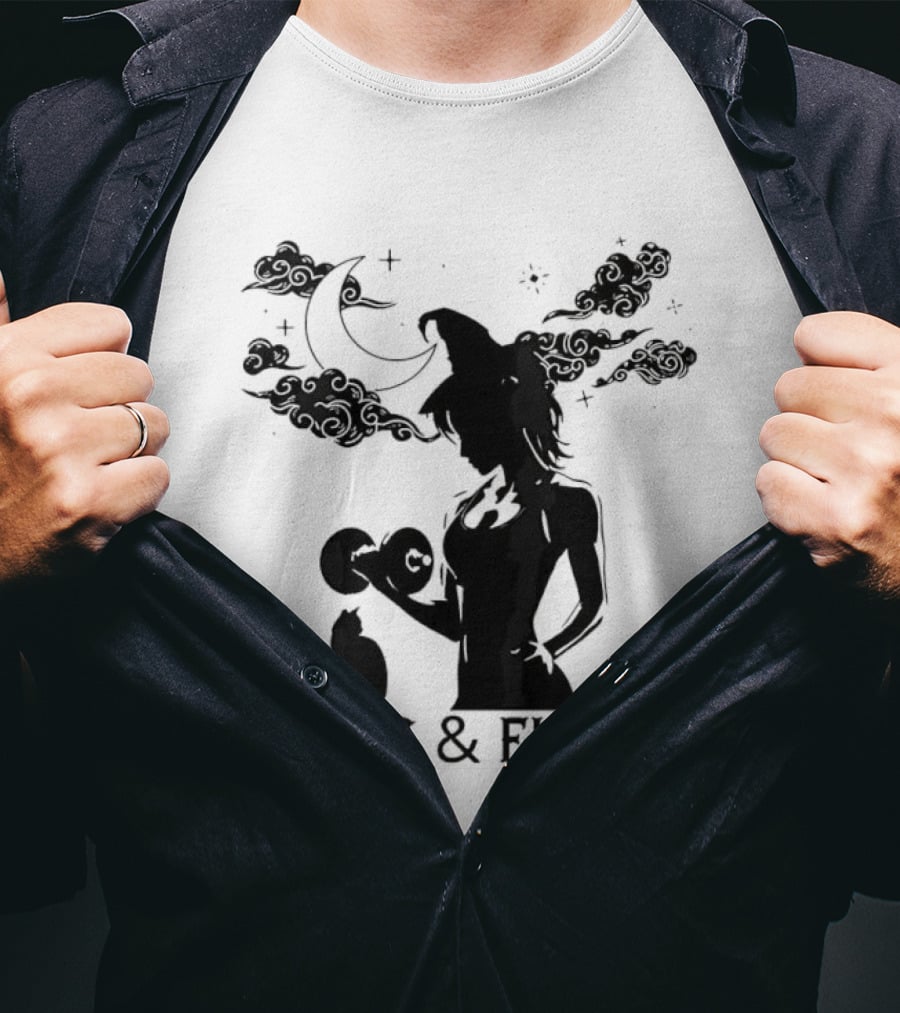 Spooky Fitness Witch Lifting Dumbbell With Cat Hexes & Flexes Moon Clouds T-Shirt