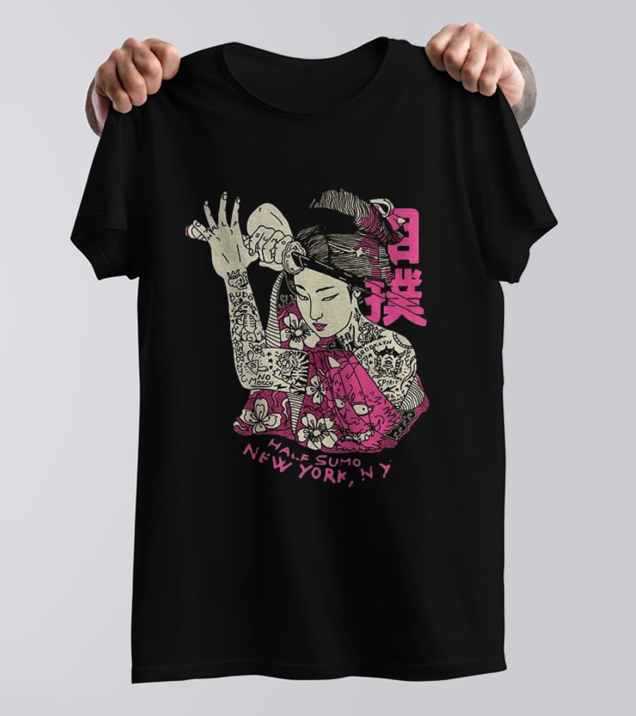 Tattooed Geisha With Katana And Flowers Japanese Samurai Half Sumo New York NY T-Shirt