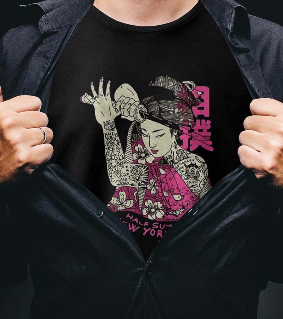 Tattooed Geisha With Katana And Flowers Japanese Samurai Half Sumo New York NY T-Shirt