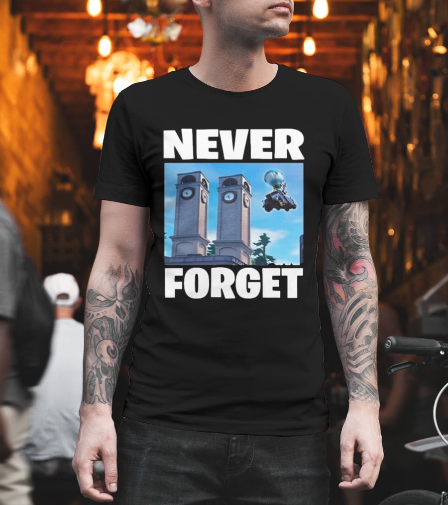 NEVER FORGET Twin Tilted Towers Fortnite Battle Bus T-Shirt