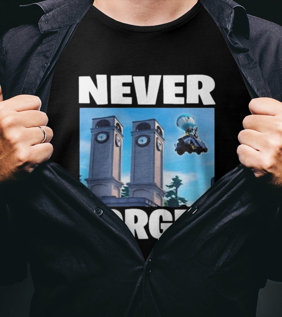NEVER FORGET Twin Tilted Towers Fortnite Battle Bus T-Shirt
