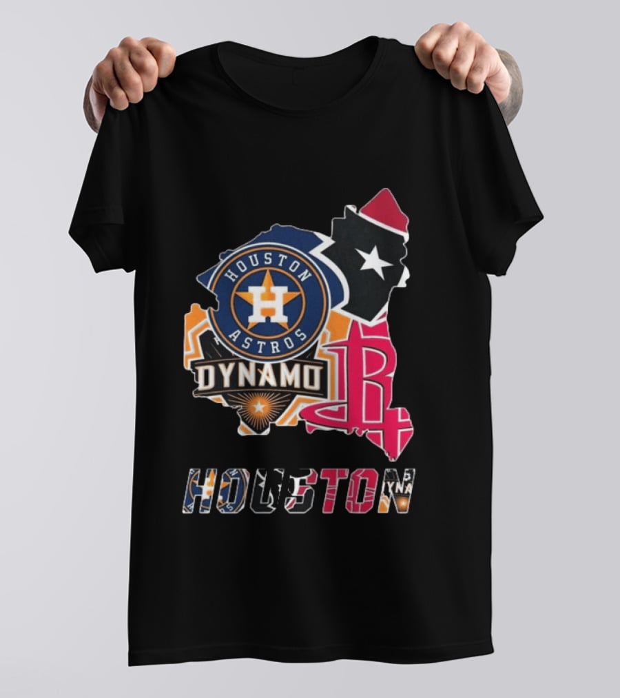 Houston Astros Texans Dynamo Rockets Map Logo Collage T-Shirt