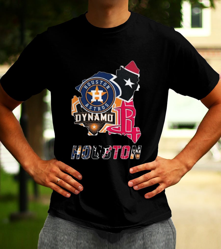 Houston Astros Texans Dynamo Rockets Map Logo Collage T-Shirt
