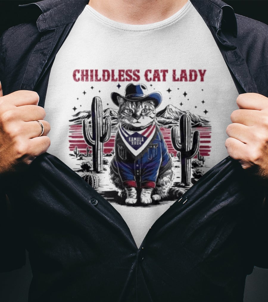 Kamala 2024 Childless Cat Lady Cowboy Desert Cactus Scene T-Shirt