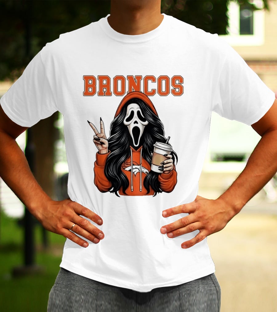 Broncos Ghostface Scream Halloween Coffee Peace Sign T-Shirt