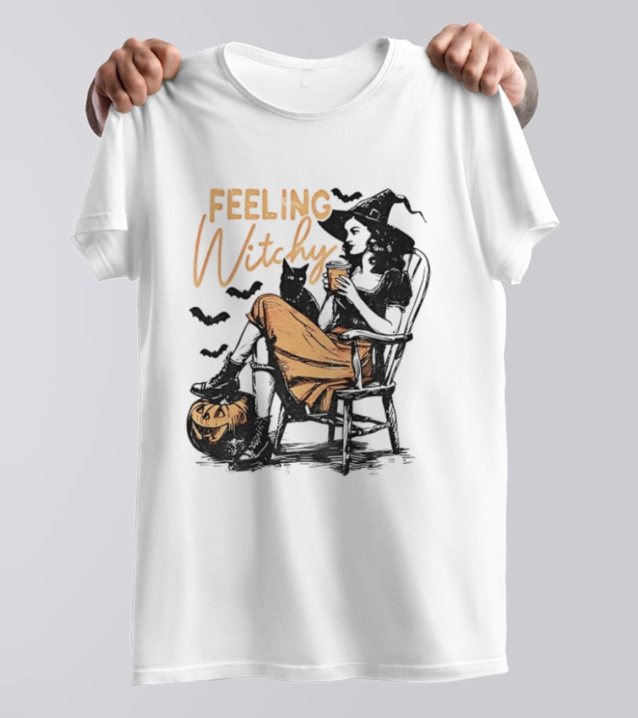 Feeling Witchy Witch With Pumpkin And Bats Halloween Vibes T-Shirt