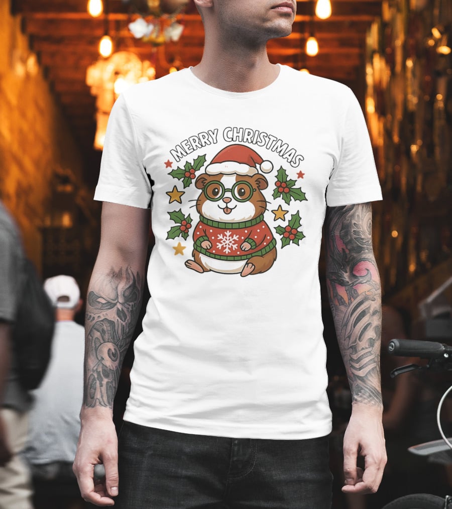 Merry Christmas Santa Guinea Pig In Holiday Sweater With Holly And Stars T-Shirt